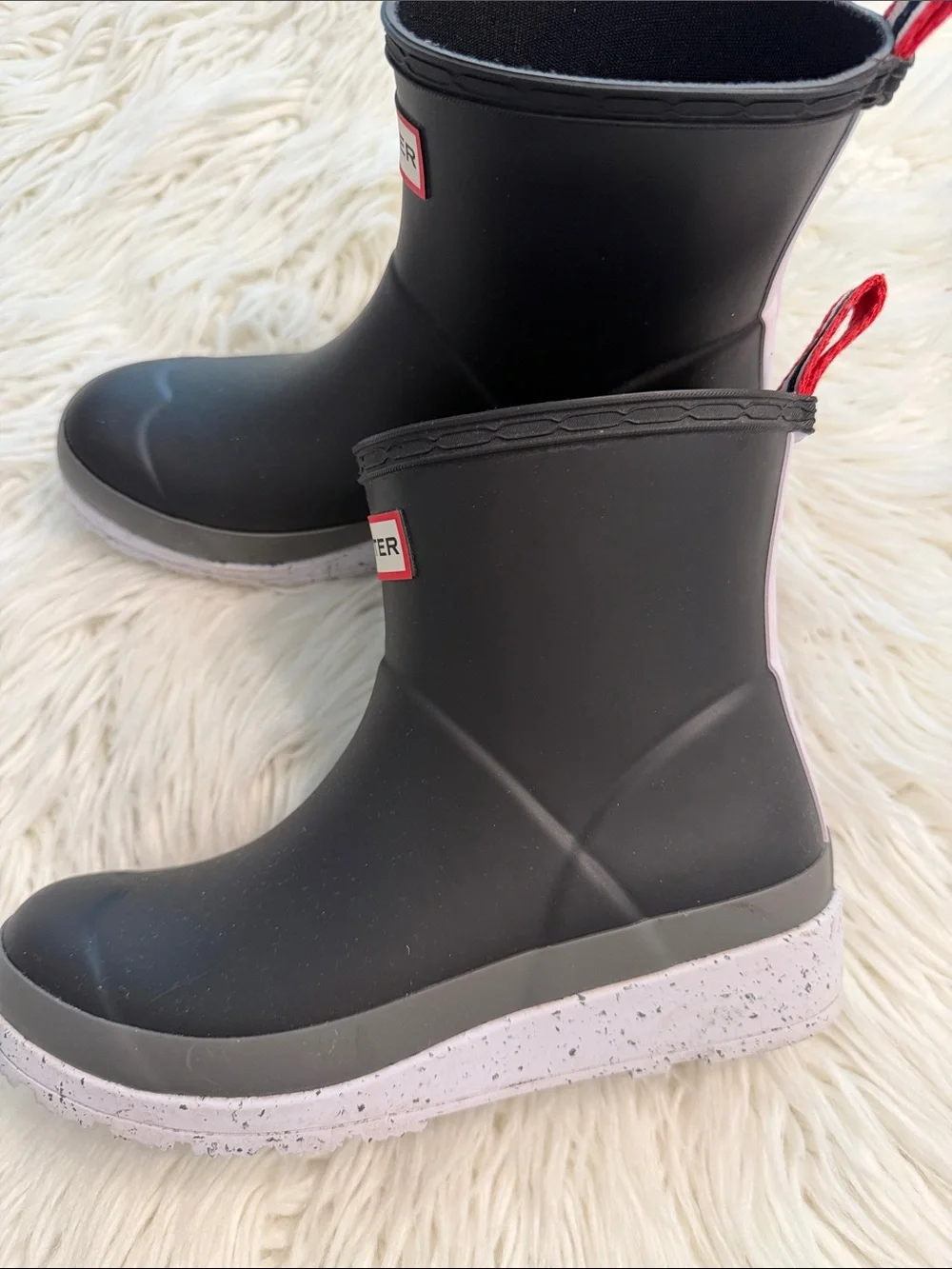 Hunter  Black Rain Boots with White Speckled Sole and Red Pull Tabs BNWOT